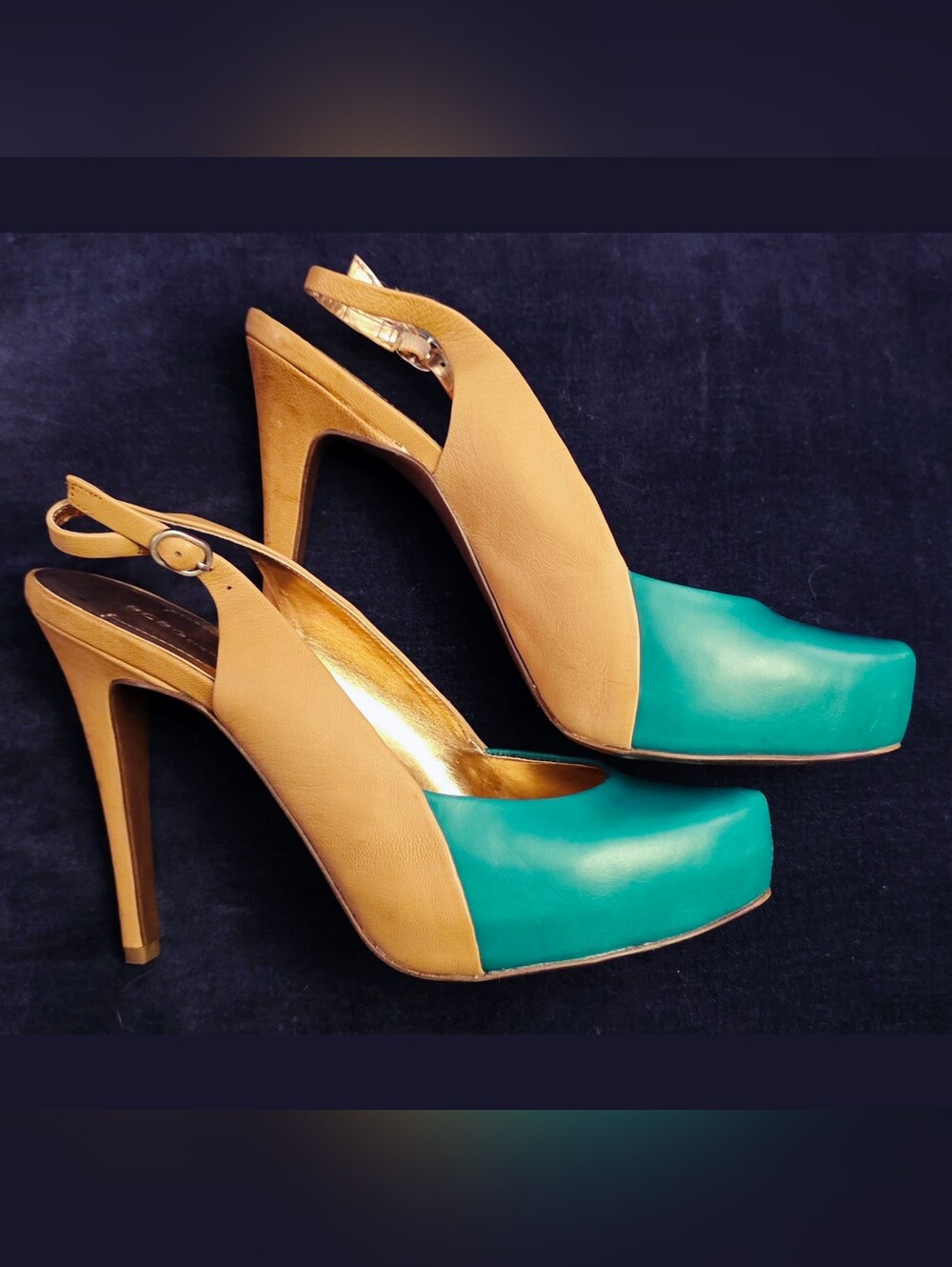 BCBGeneration - Blue-Green & Light Tan Slingback Platform Heels